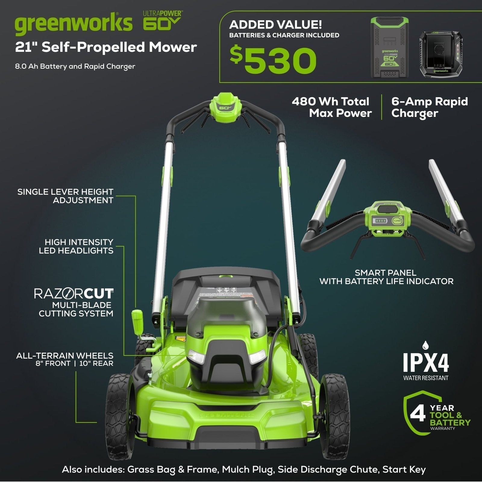 Greenworks 60V 21" Self Propelled Lawn Mower with (1) 8.0 Ah Battery & Rapid Charger 2546402