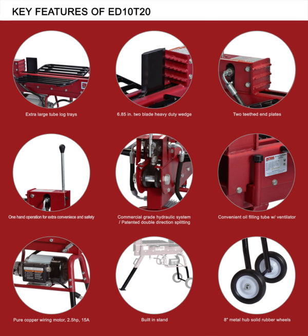 10 Ton Boss Industrial Dual Action Electric Log Splitter (ED10T20)