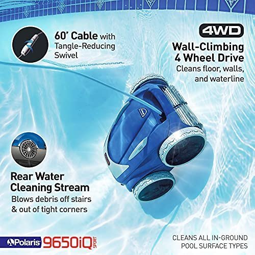 Polaris 9650iQ Sport Robotic Cleaner, Automatic Vacuum for InGround Pools up to 60ft, Smart App, WiFi, Amazon Alexa, 70ft Swivel Cable w/Strong Suc...