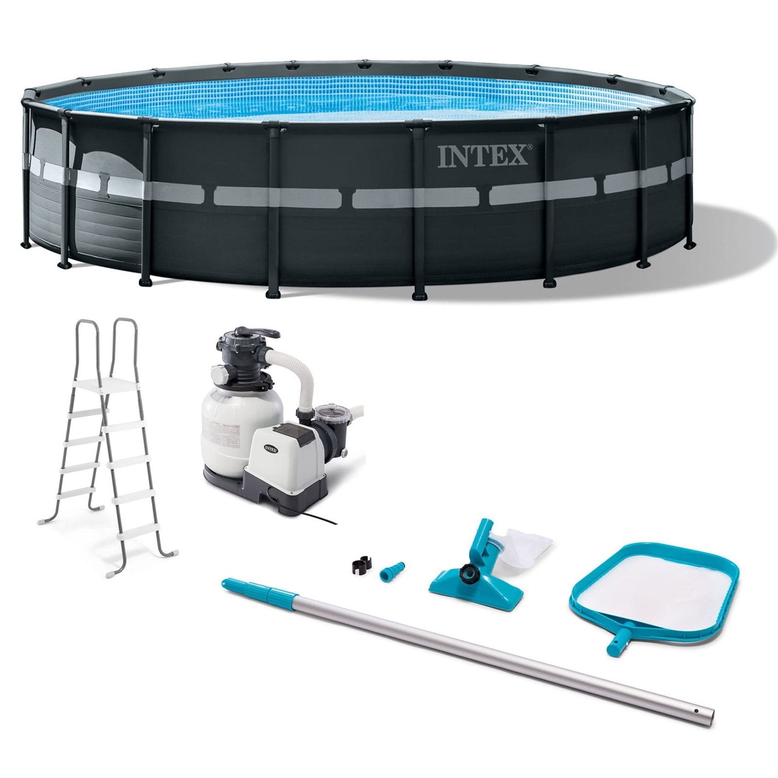 Intex Ultra XTR Frame 18′ x 52" Above Ground Swimming Pool with Sand Filter Pump, Ladder, Cover, & Maintenance Accessory Kit with Vacuum and Skimmer