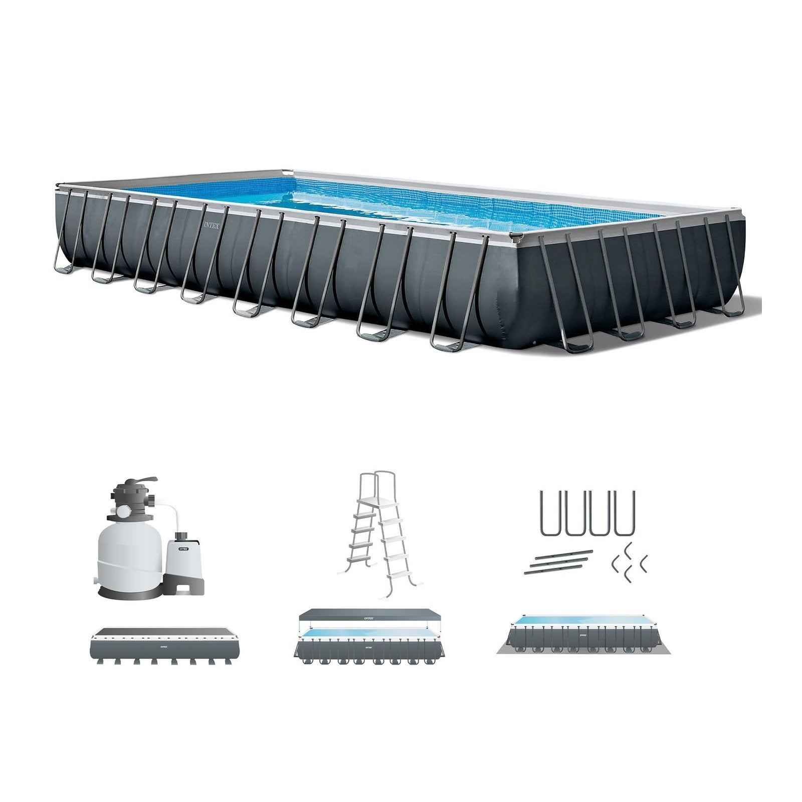 INTEX 26373EH Ultra XTR Deluxe Rectangular Above Ground Swimming Pool Set: 32ft x 16ft x 52in – Includes 2800 GPH Sand Filter Pump – SuperTough Pun...
