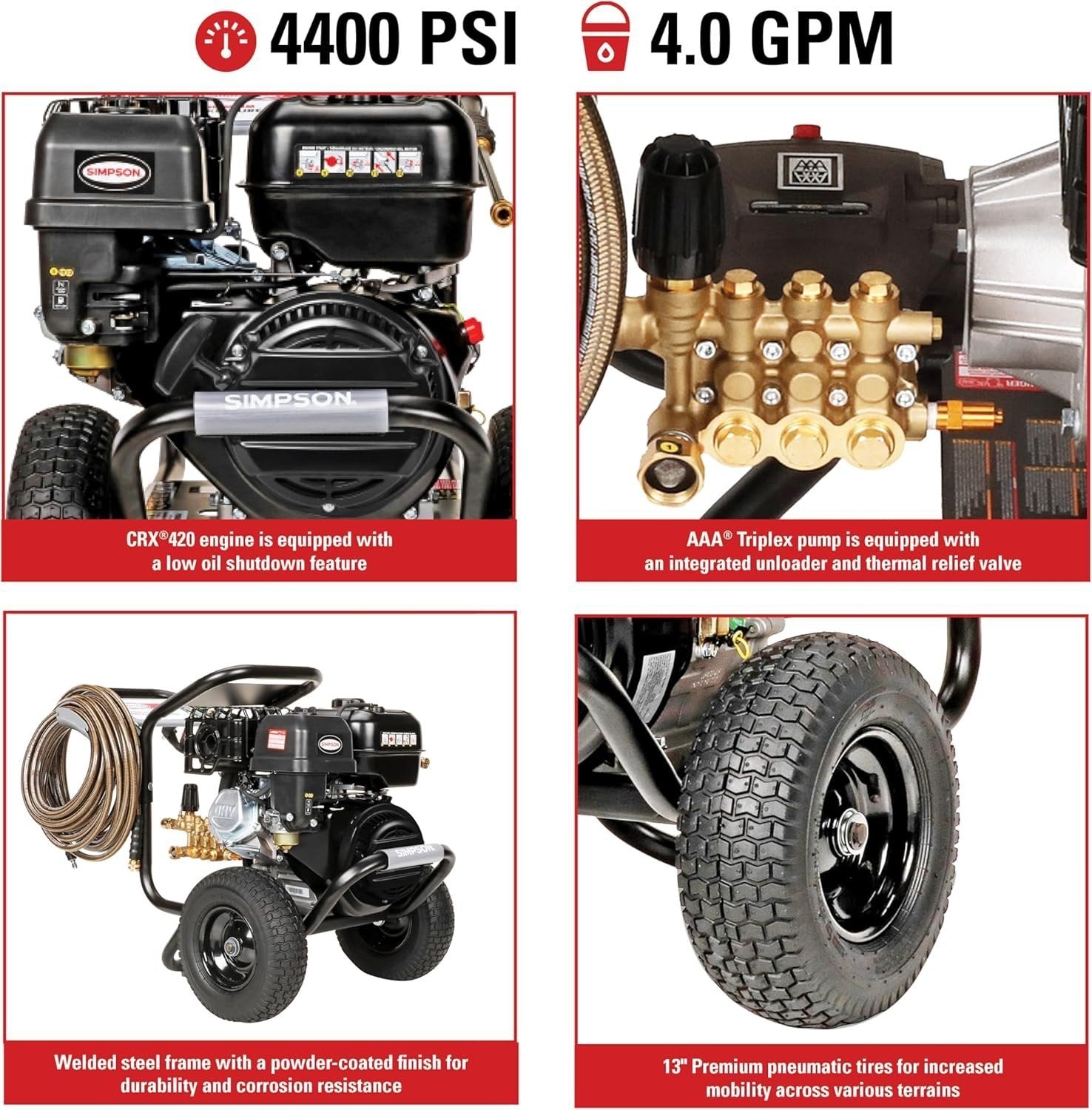 Simpson PowerShot PS60843 – 4400 PSI 4.0 GPM Commercial Gas Pressure Washer with 50 ft Hose | Cold Water, 49-State Compliant