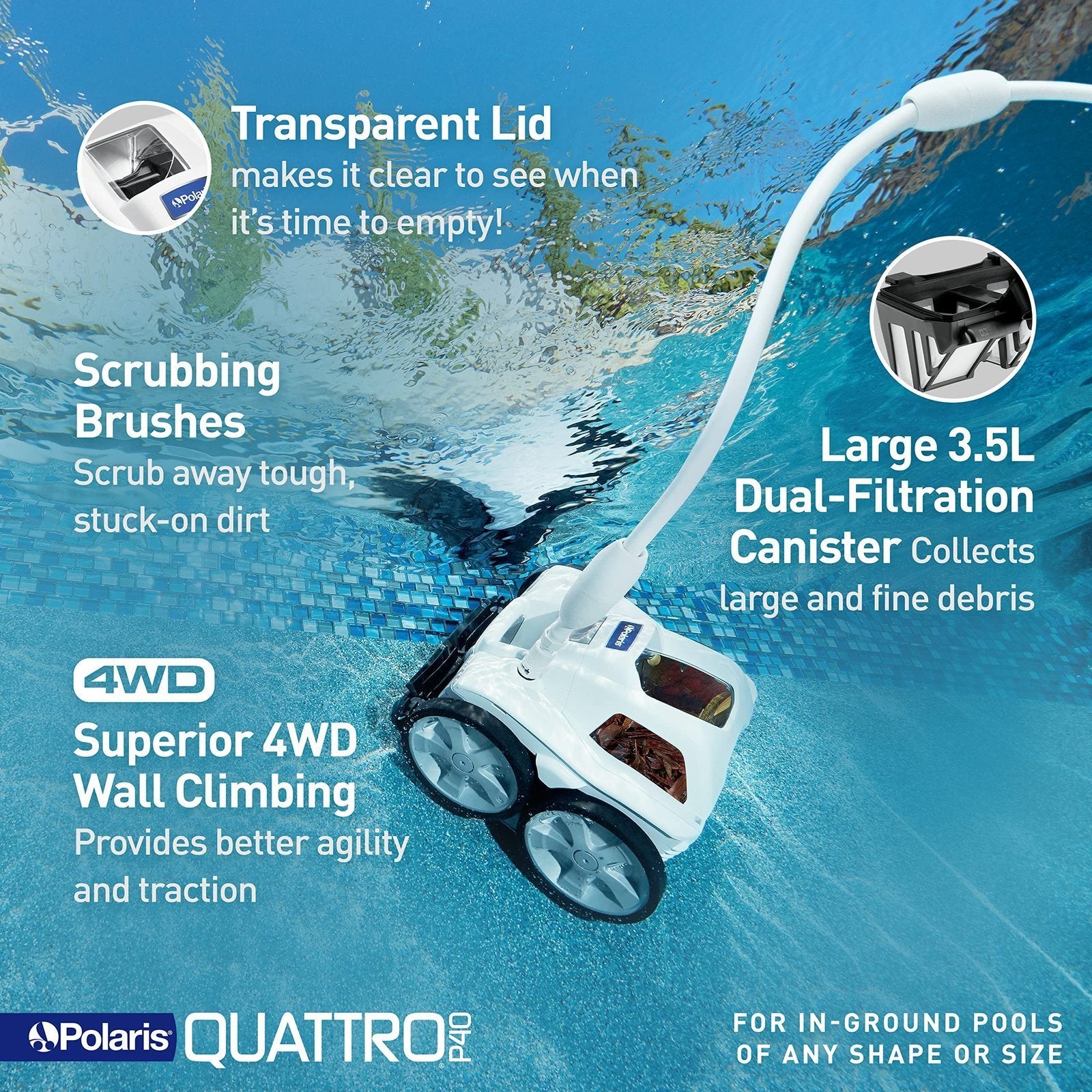 Polaris Quattro P40 Pressure Side Pool Cleaner for All In-Ground Pool Surfaces, Large-Capacity Dual Filtration Canister, 31′ Hose & Transparent Lid...