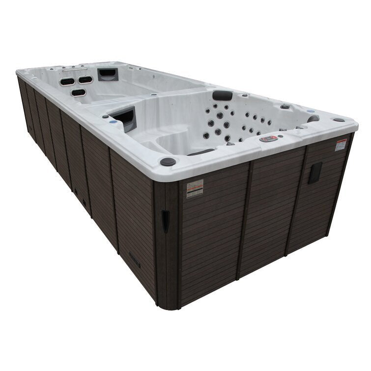 Canadian Spa Co 17 – Person 73 – Jet Acrylic Rectangular Tub with Ozonator and Built-In Speaker in Sterling Silver, Walnut