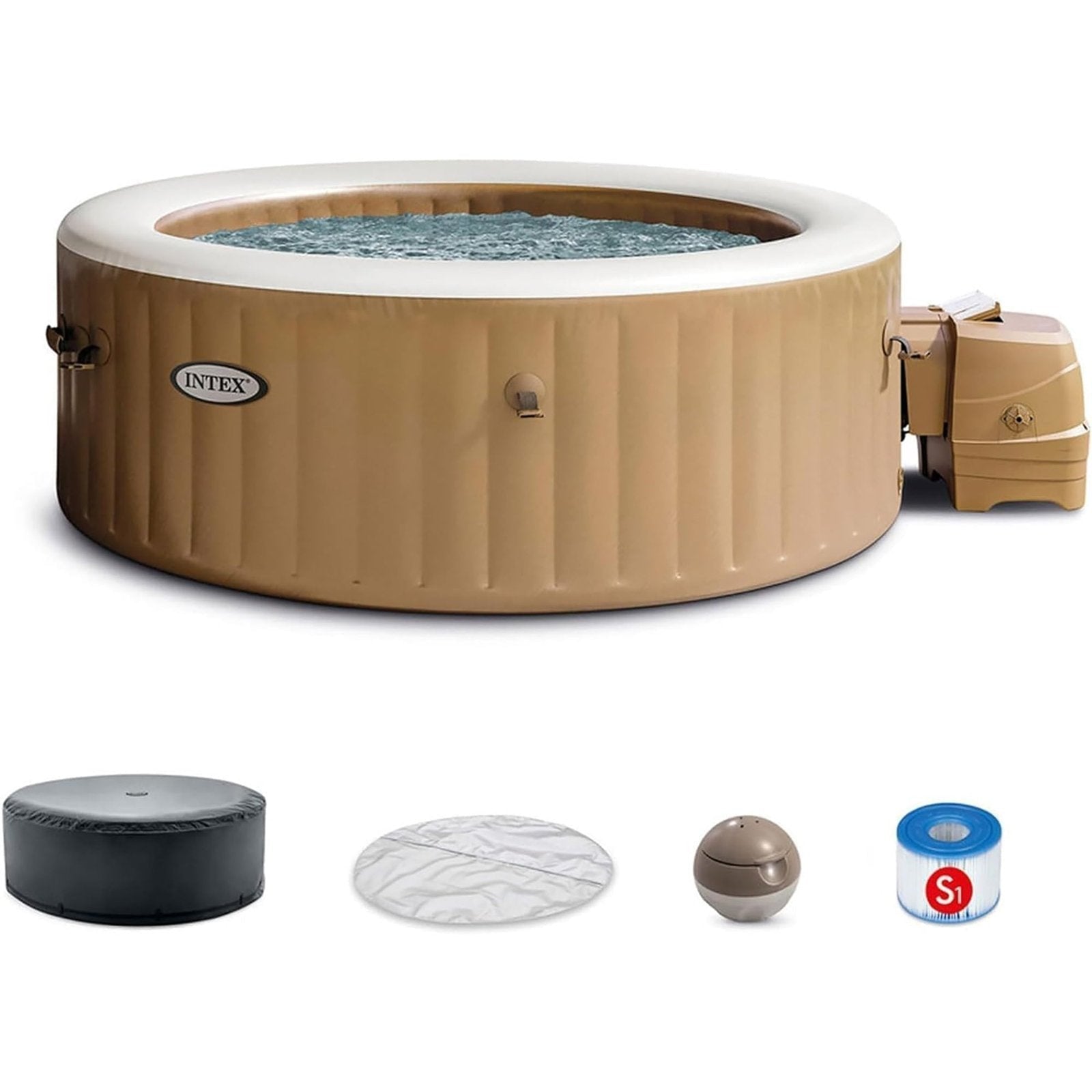 Intex: PureSpa: Sahara Tan Inflatable Tub Set – 6 Person – 85" Round Outdoor Heated Bubble Spa, Jet Massage, Cover, Hard Water Treatment System