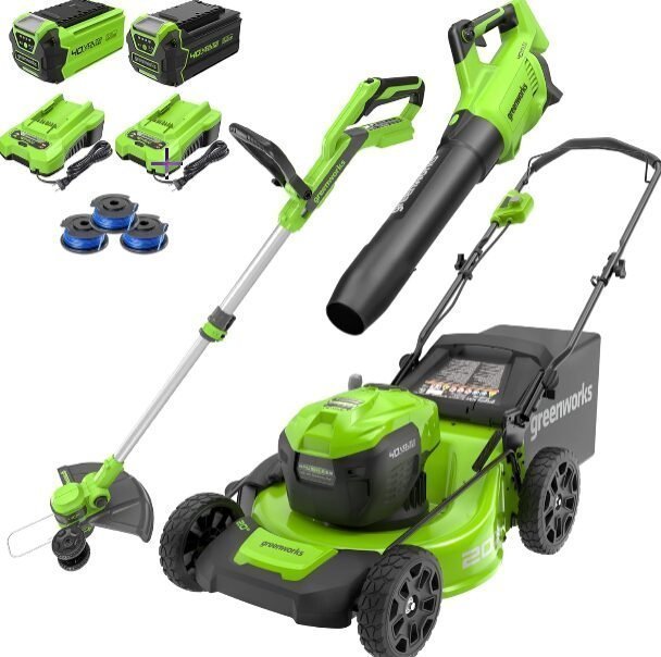 Greenworks 40V 20" Cordless Mower, 500 CFM Blower, 12" Trimmer, 2 Batteries (5Ah + 2Ah) & Chargers