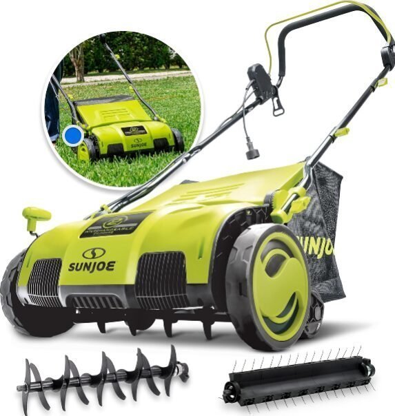 Sun Joe AJ805E 15" Electric Dethatcher & Scarifier, 13-Amp, 5-Position Height, 13.2-Gal Bag, Airboost