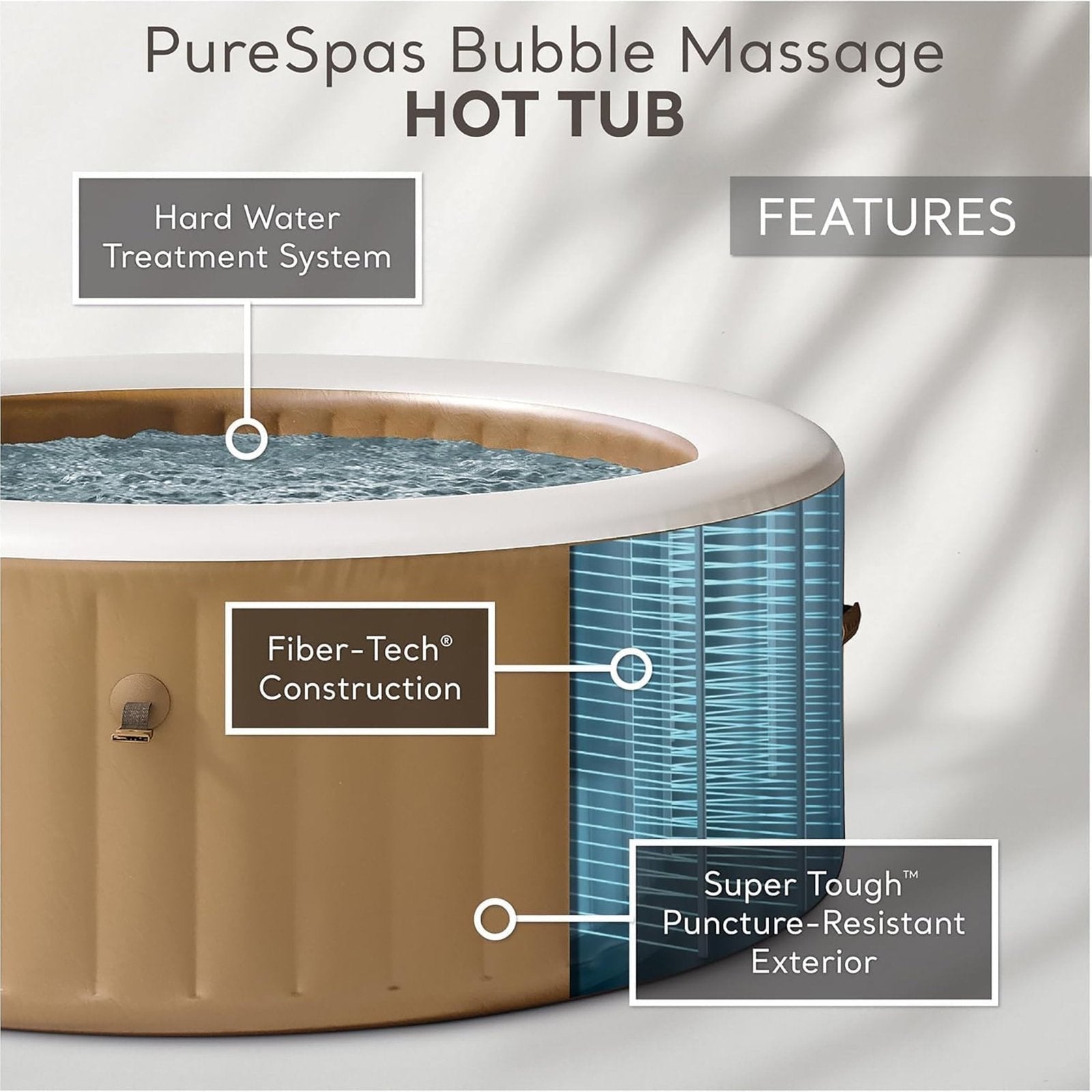 Intex: PureSpa: Sahara Tan Inflatable Tub Set – 6 Person – 85" Round Outdoor Heated Bubble Spa, Jet Massage, Cover, Hard Water Treatment System