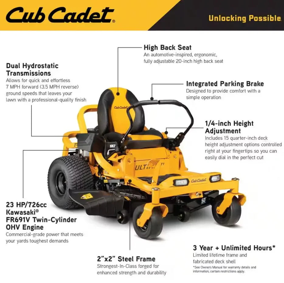 Cub Cadet Ultima ZT1 50" Zero-Turn Riding Lawn Mower – Power, Precision & Comforts.