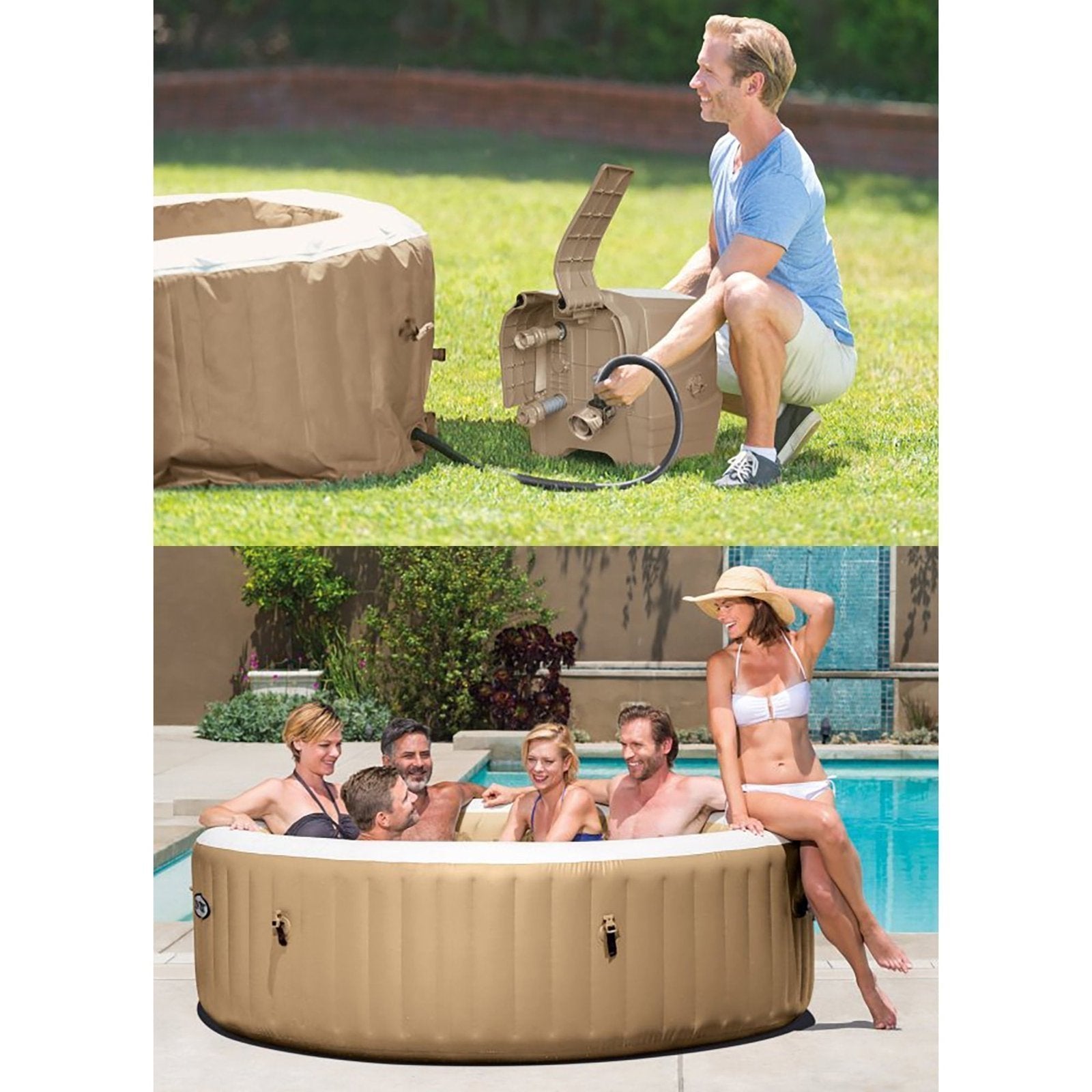 Intex: PureSpa: Sahara Tan Inflatable Tub Set – 6 Person – 85" Round Outdoor Heated Bubble Spa, Jet Massage, Cover, Hard Water Treatment System