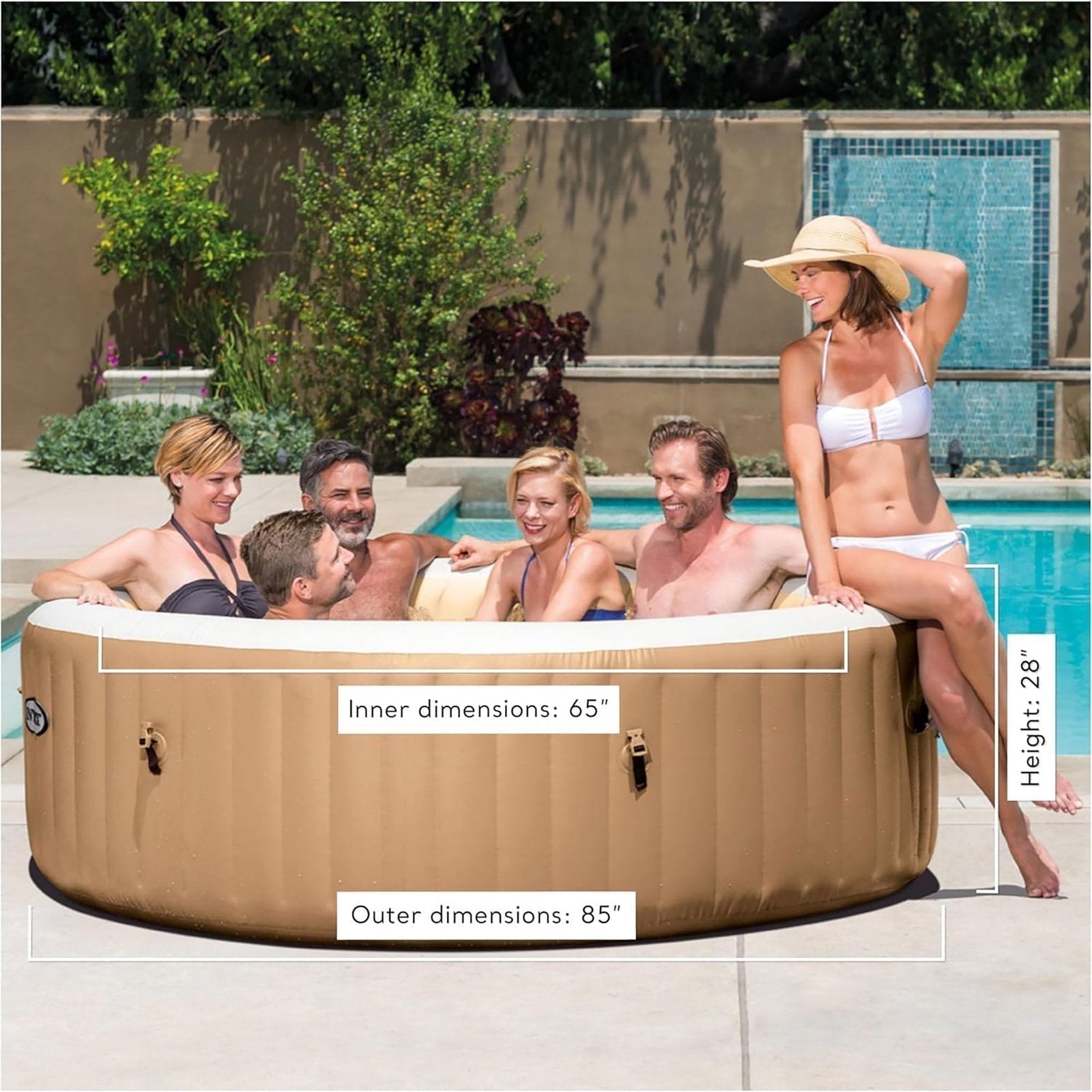 Intex: PureSpa: Sahara Tan Inflatable Tub Set – 6 Person – 85" Round Outdoor Heated Bubble Spa, Jet Massage, Cover, Hard Water Treatment System