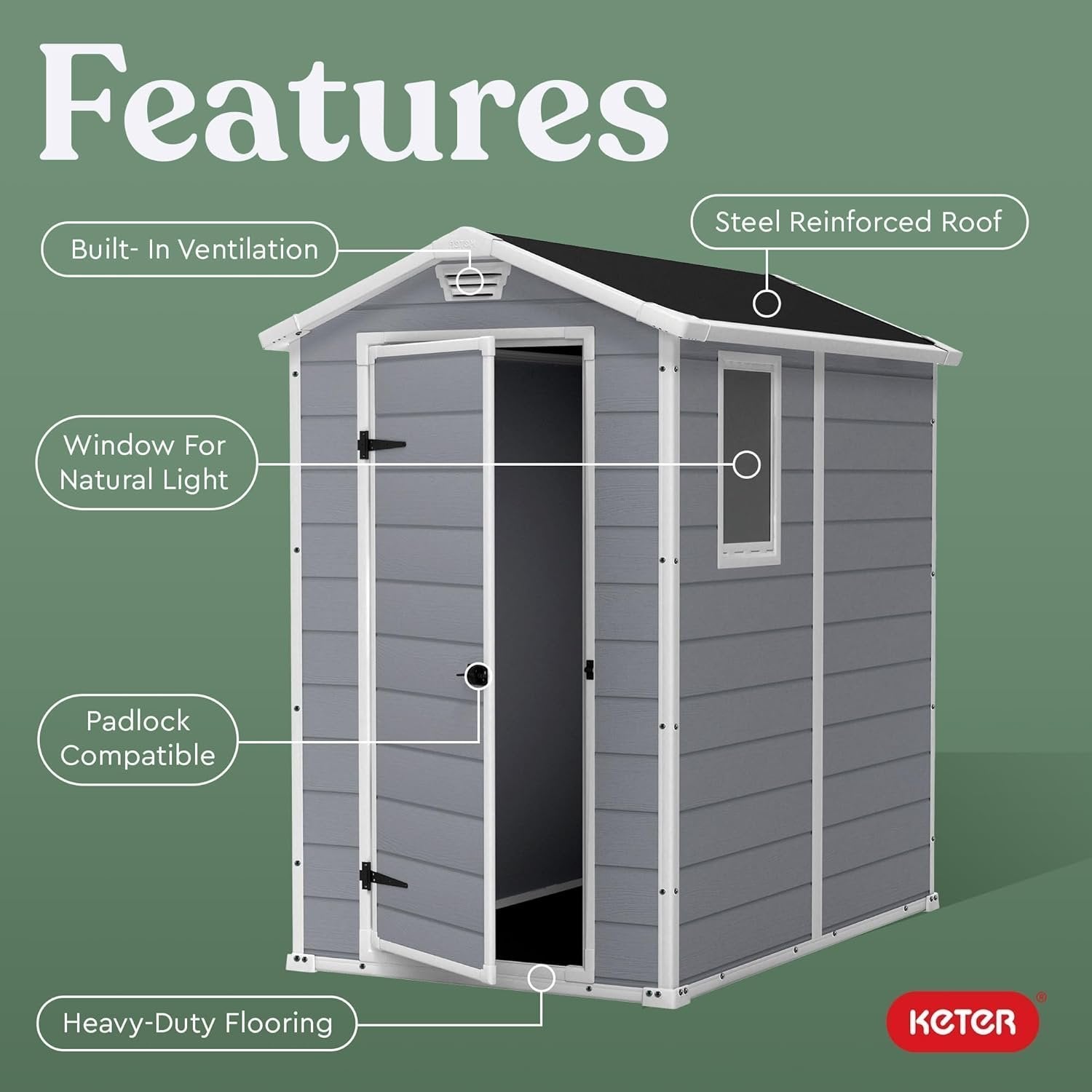 Keter Manor 4×6 Resin Outdoor Storage Shed Kit-Perfect to Store Patio Furniture, Garden Tools Bike Accessories, Beach Chairs and Lawn Mower, Grey &...