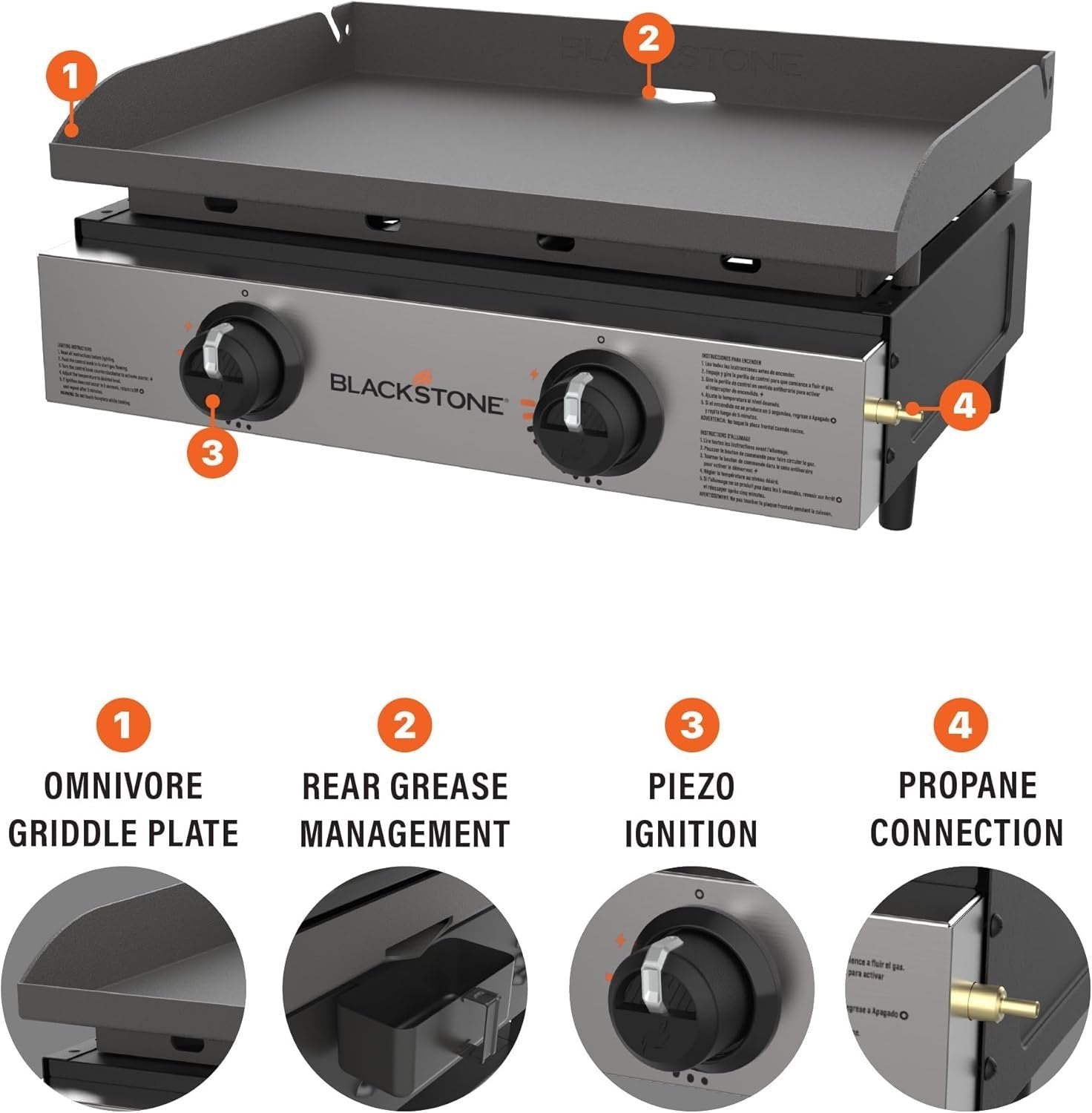 Blackstone 22" Portable Tabletop Griddle – Dual Burner Flat Top Grill, 24,000 BTU Propane with Stainless Steel Faceplate & Rear Grease System