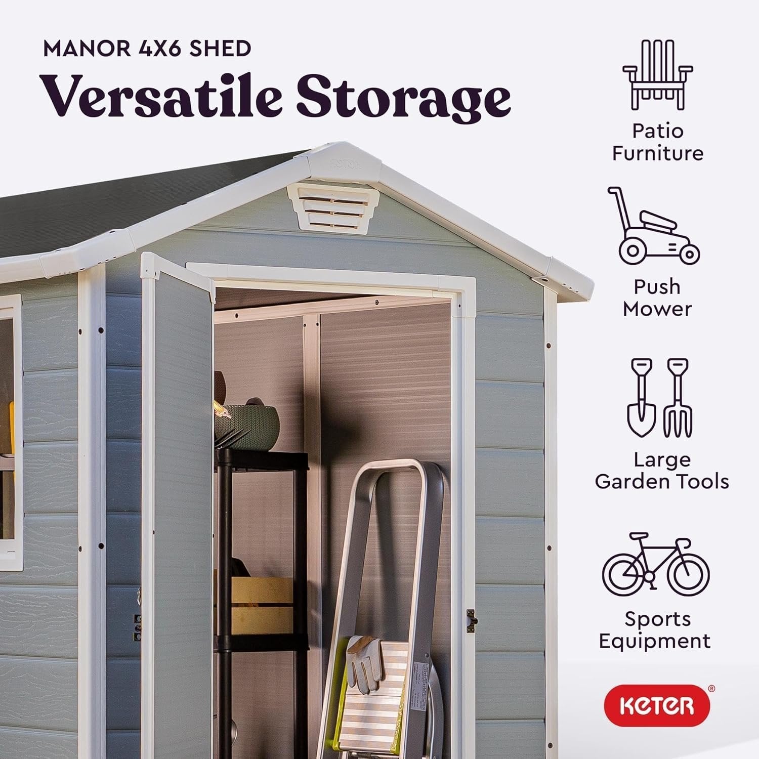 Keter Manor 4×6 Resin Outdoor Storage Shed Kit-Perfect to Store Patio Furniture, Garden Tools Bike Accessories, Beach Chairs and Lawn Mower, Grey &...