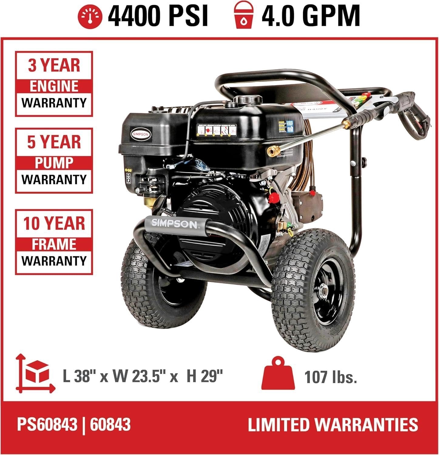 Simpson PowerShot PS60843 – 4400 PSI 4.0 GPM Commercial Gas Pressure Washer with 50 ft Hose | Cold Water, 49-State Compliant