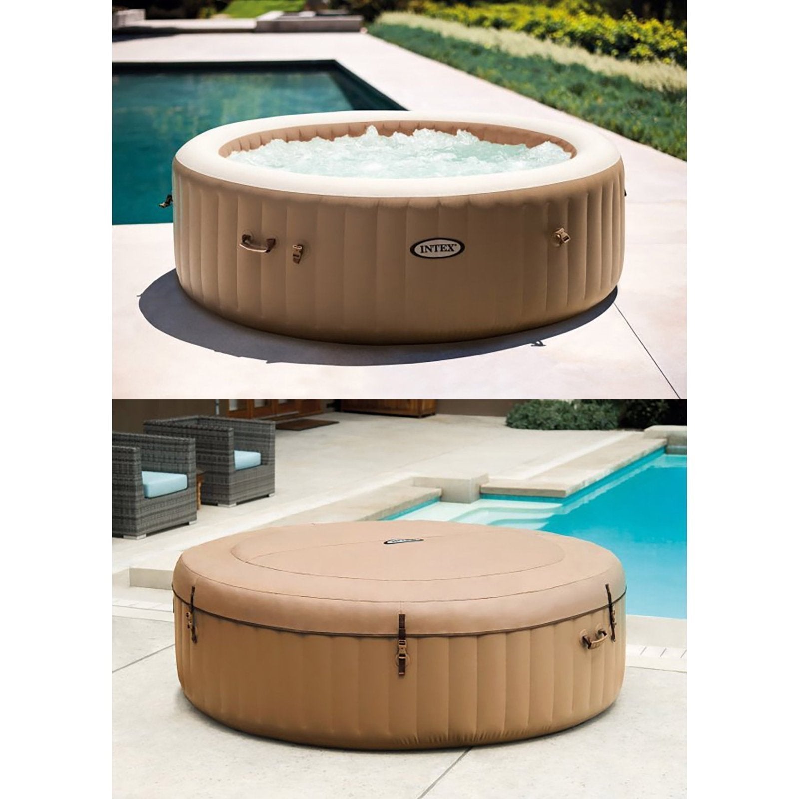 Intex: PureSpa: Sahara Tan Inflatable Tub Set – 6 Person – 85" Round Outdoor Heated Bubble Spa, Jet Massage, Cover, Hard Water Treatment System